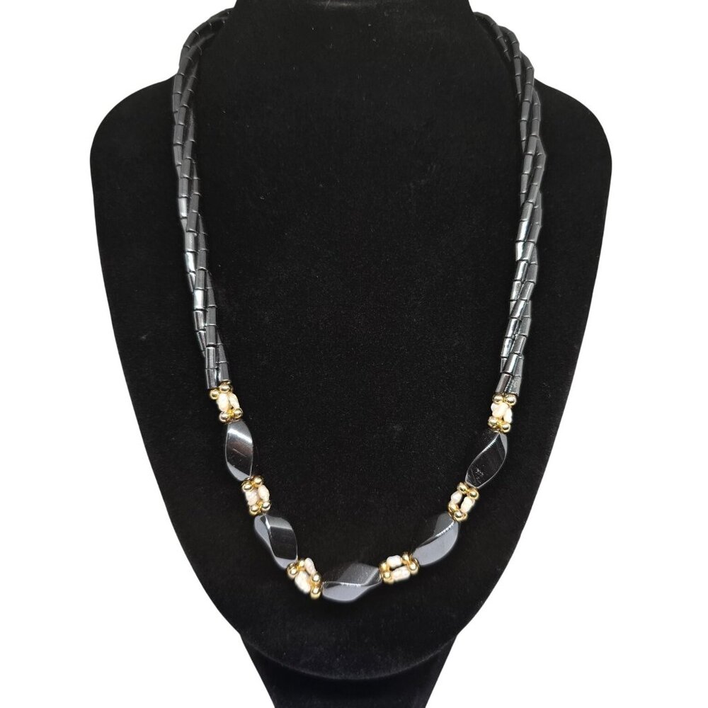 Multi Strand Hematite Beaded Necklace Gold Tone Clasp 18" Vintage